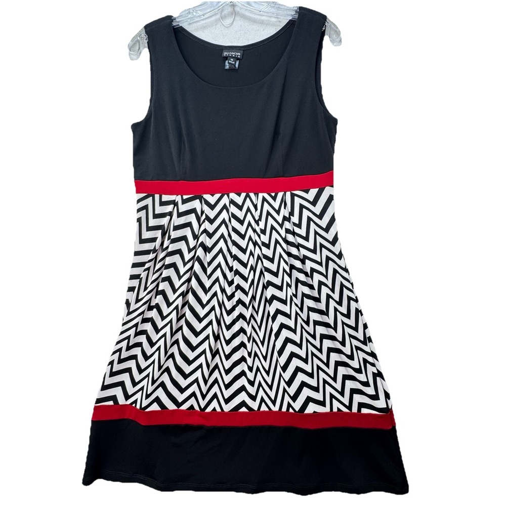 Vintage Y2K Chevron Going Out Mall‎ Cocktail Dress Sz 12 Black White Red Retro